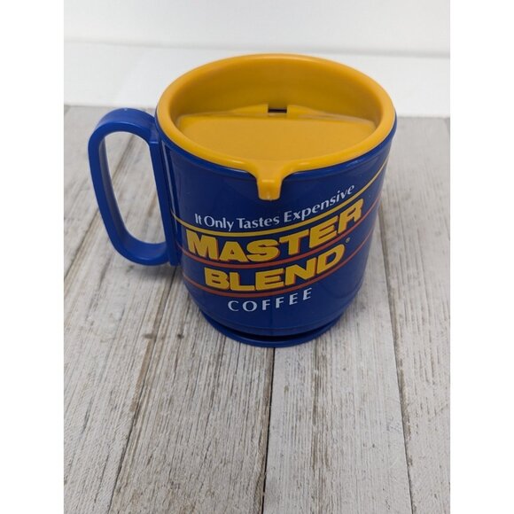 Vintage Master Blend Coffee Mug Advertising Blue Plastic Footed - Picture 2 of 3